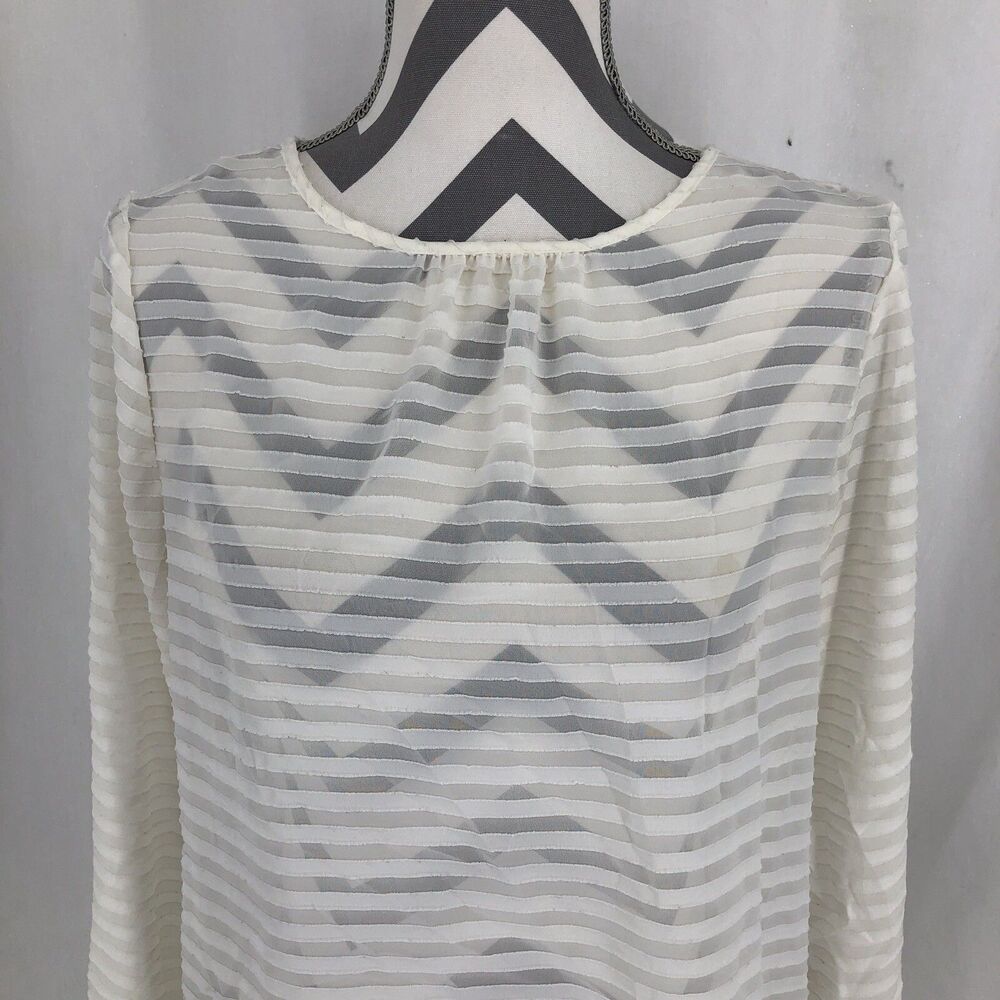 Liz Claiborne White Sheer Stripe Long Sleeve Keyhole Back Blouse Medium